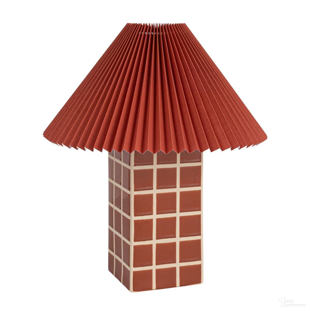 Zara 18 Inch Square Windowpane Stoneware Table Lamp with Pleated Linen Empire Shade In Red