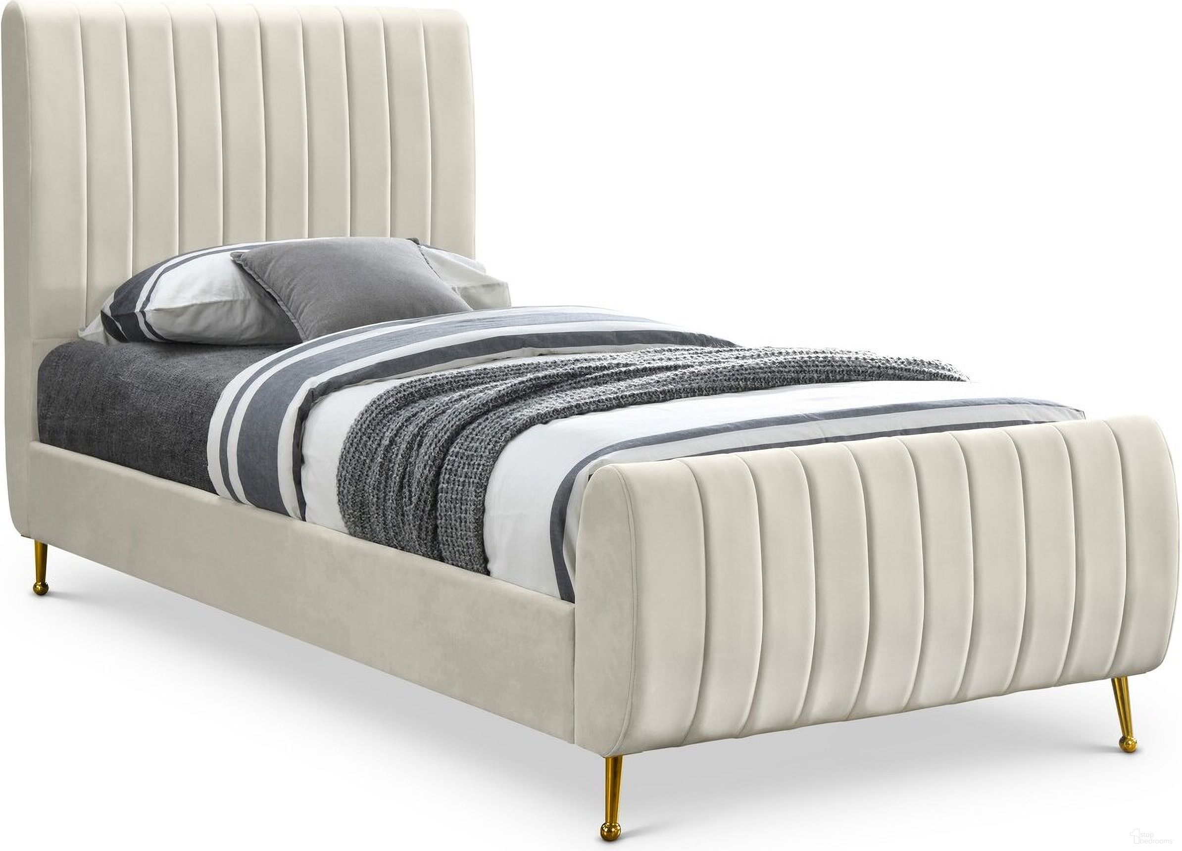 The appearance of Zara Velvet Twin Bed In Cream designed by Meridian in the modern / contemporary interior design. This cream velvet piece of furniture  was selected by 1StopBedrooms from Zara Collection to add a touch of cosiness and style into your home. Sku: ZaraCream-T Box 1/3 (Headboard);ZaraCream-T Box 2/3 (Footboard & slats);ZaraCream-T Box 3/3 (Side rail & slats support bar). Bed Type: Panel Bed. Bed Size: Twin. Material: Velvet.