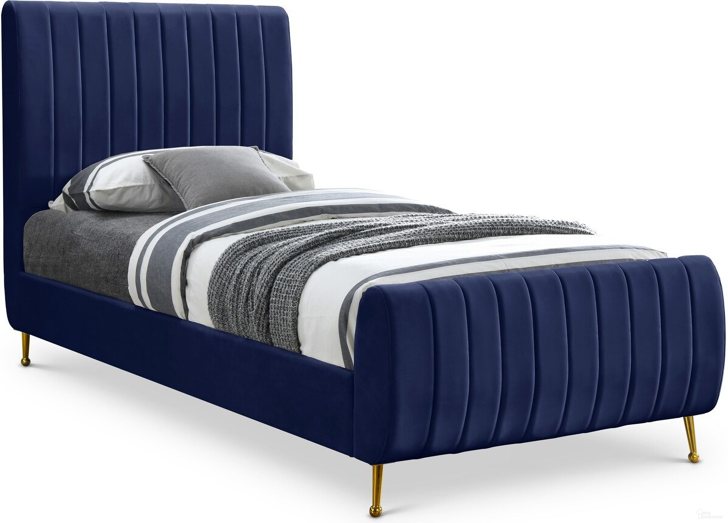The appearance of Zara Velvet Twin Bed In Navy designed by Meridian in the modern / contemporary interior design. This navy piece of furniture was selected by 1StopBedrooms from Zara Collection to add a touch of cosiness and style into your home. Sku: ZaraNavy-T Box 1/3 (Headboard);ZaraNavy-T Box 2/3 (Footboard & slats);ZaraNavy-T Box 3/3 (Side rail & slats support bar). Bed Type: Panel Bed. Bed Size: Twin. Material: Velvet.