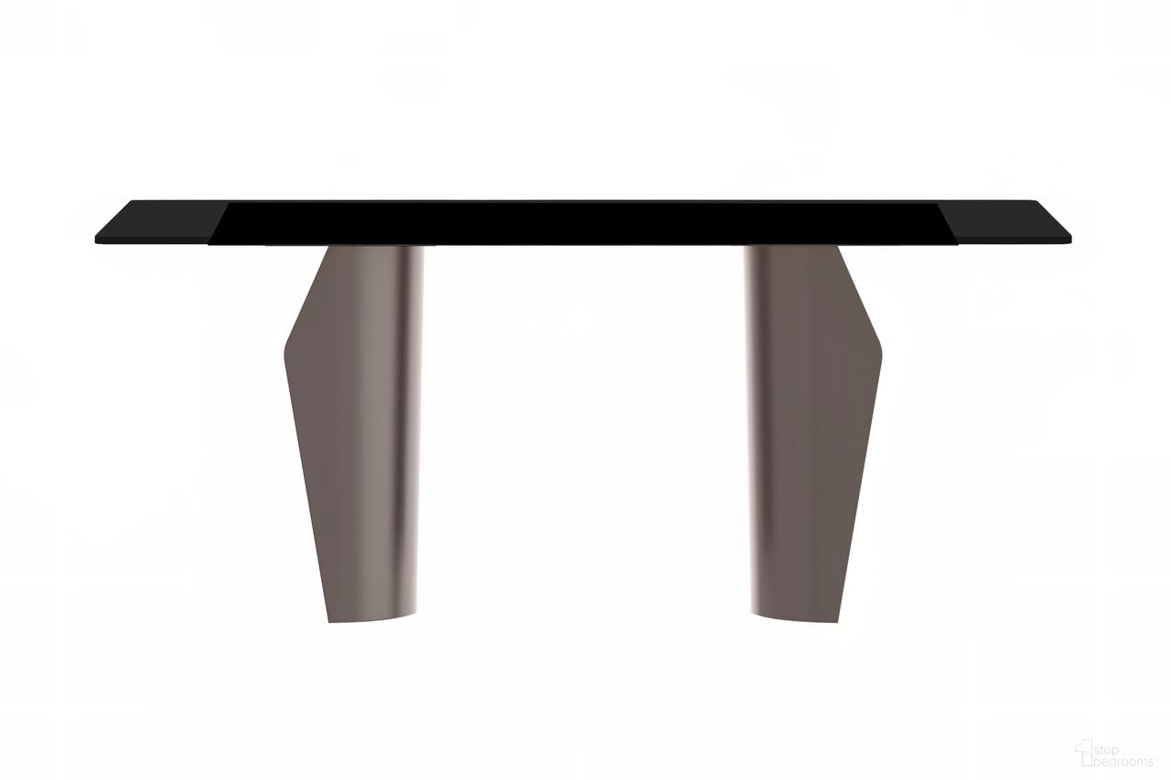 The appearance of Zelan 55 Inch Champagne Stainless Steel Base Dining Table with Glass Top In Gold and Black designed by LeisureMod in the modern / contemporary interior design. This gold/black piece of furniture  was selected by 1StopBedrooms from Zelan Collection to add a touch of cosiness and style into your home. Sku: ZTCG-55BL-G. Table Base Style: Double Pedestal. Material: Glass. Table Top Shape: Rectangular. Size: 32" x 55".