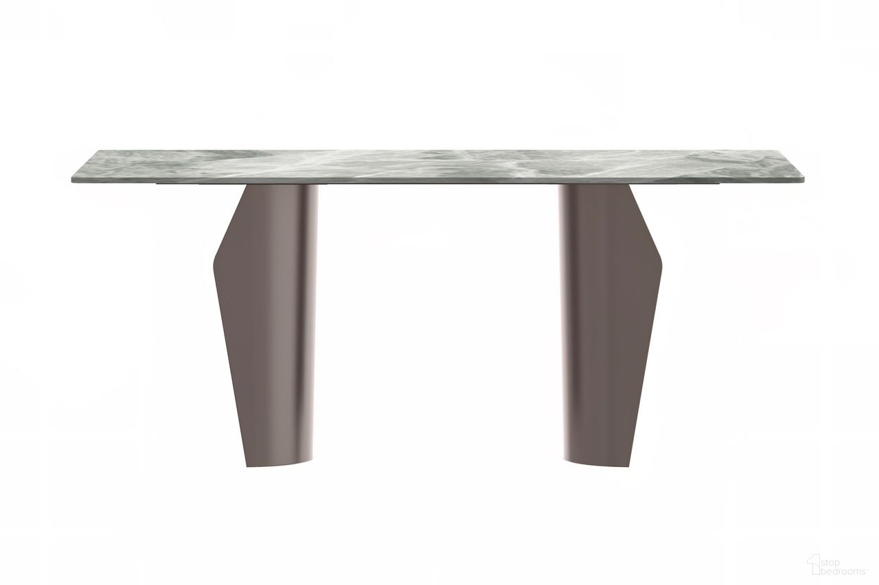 The appearance of Zelan 55 Inch Champagne Stainless Steel Base Dining Table with Sintered Stone Top In Light Grey and Gold designed by LeisureMod in the modern / contemporary interior design. This light grey and gold piece of furniture  was selected by 1StopBedrooms from Zelan Collection to add a touch of cosiness and style into your home. Sku: ZTCG-55IGR-S. Table Base Style: Double Pedestal. Material: Stone. Table Top Shape: Rectangular. Size: 32" x 55".
