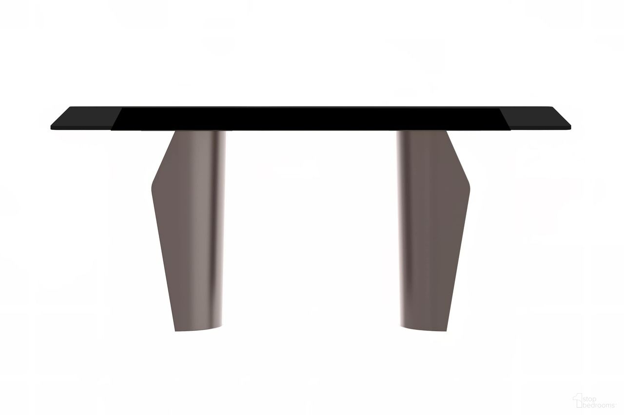The appearance of Zelan 62 Inch Champagne Stainless Steel Base Dining Table with Glass Top In Gold and Black designed by LeisureMod in the modern / contemporary interior design. This gold/black piece of furniture  was selected by 1StopBedrooms from Zelan Collection to add a touch of cosiness and style into your home. Sku: ZTCG-62BL-G. Table Base Style: Double Pedestal. Material: Glass. Table Top Shape: Rectangular. Size: 32" x 62".