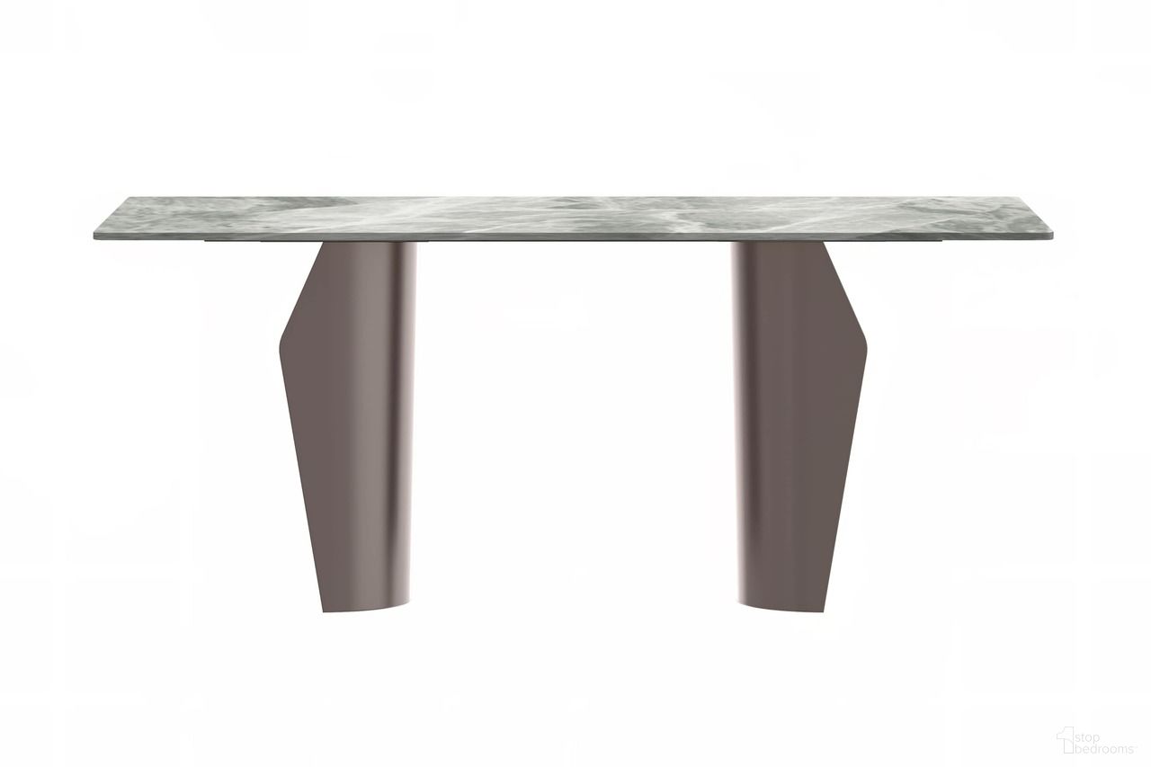 The appearance of Zelan 71 Inch Champagne Stainless Steel Base Dining Table with Sintered Stone Top In Light Grey and Gold designed by LeisureMod in the modern / contemporary interior design. This light grey and gold piece of furniture  was selected by 1StopBedrooms from Zelan Collection to add a touch of cosiness and style into your home. Sku: ZTCG-71IGR-S. Table Base Style: Double Pedestal. Material: Stone. Table Top Shape: Rectangular. Size: 35" x 71".