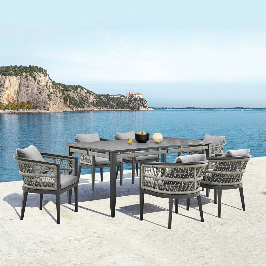 The appearance of Zella Outdoor Patio Rectangular Dining Room Set In Light Gray and Charcoal designed by Armen Living in the modern / contemporary interior design. This light gray/charcoal piece of furniture was selected by 1StopBedrooms from Zella Collection to add a touch of cosiness and style into your home. Sku: LCZEDIGRY;LCZESIGRY. Table Base Style: Legs. Material: Aluminum. Table Top Shape: Rectangular.