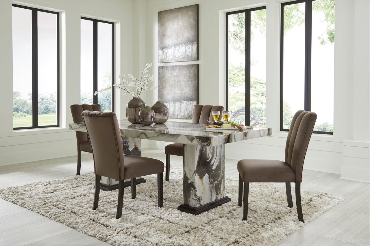 The appearance of Zendalia Dining Room Set In Beige and Dark Brown designed by Signature Design by Ashley in the modern / contemporary interior design. This beige and dark brown piece of furniture was selected by 1StopBedrooms from Zendalia Collection to add a touch of cosiness and style into your home. Sku: NCD581-26B;NCD581-26T;NCD581-01. Material: Marble. Table Top Shape: Rectangular. Size: 80" x 40".