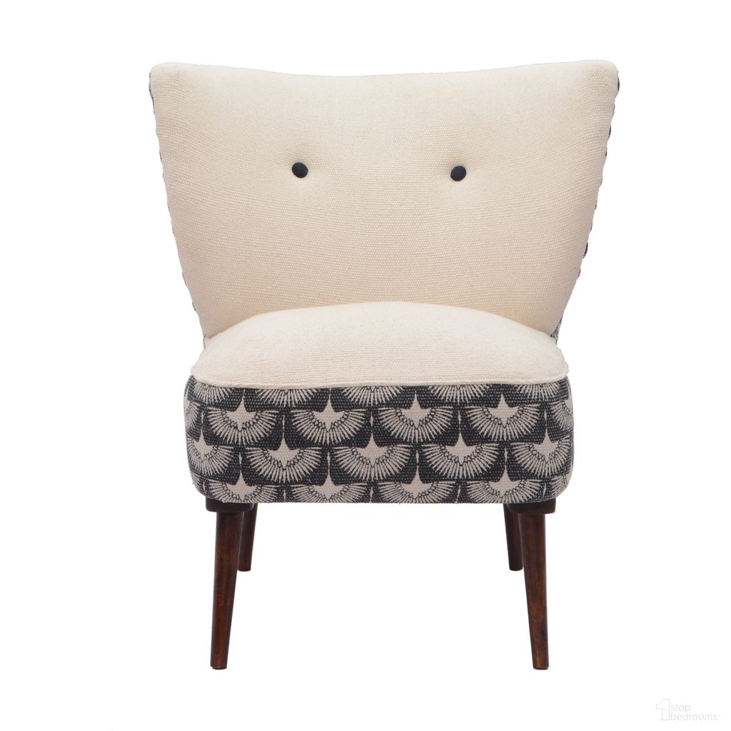 The appearance of Zentra Geometric Upholstered Handmade Accent Chair In White and Black designed by Rajani Home in the transitional interior design. This white/black piece of furniture  was selected by 1StopBedrooms from Vella Collection to add a touch of cosiness and style into your home. Sku: 3C662818G49348. Material: Acacia Wood.