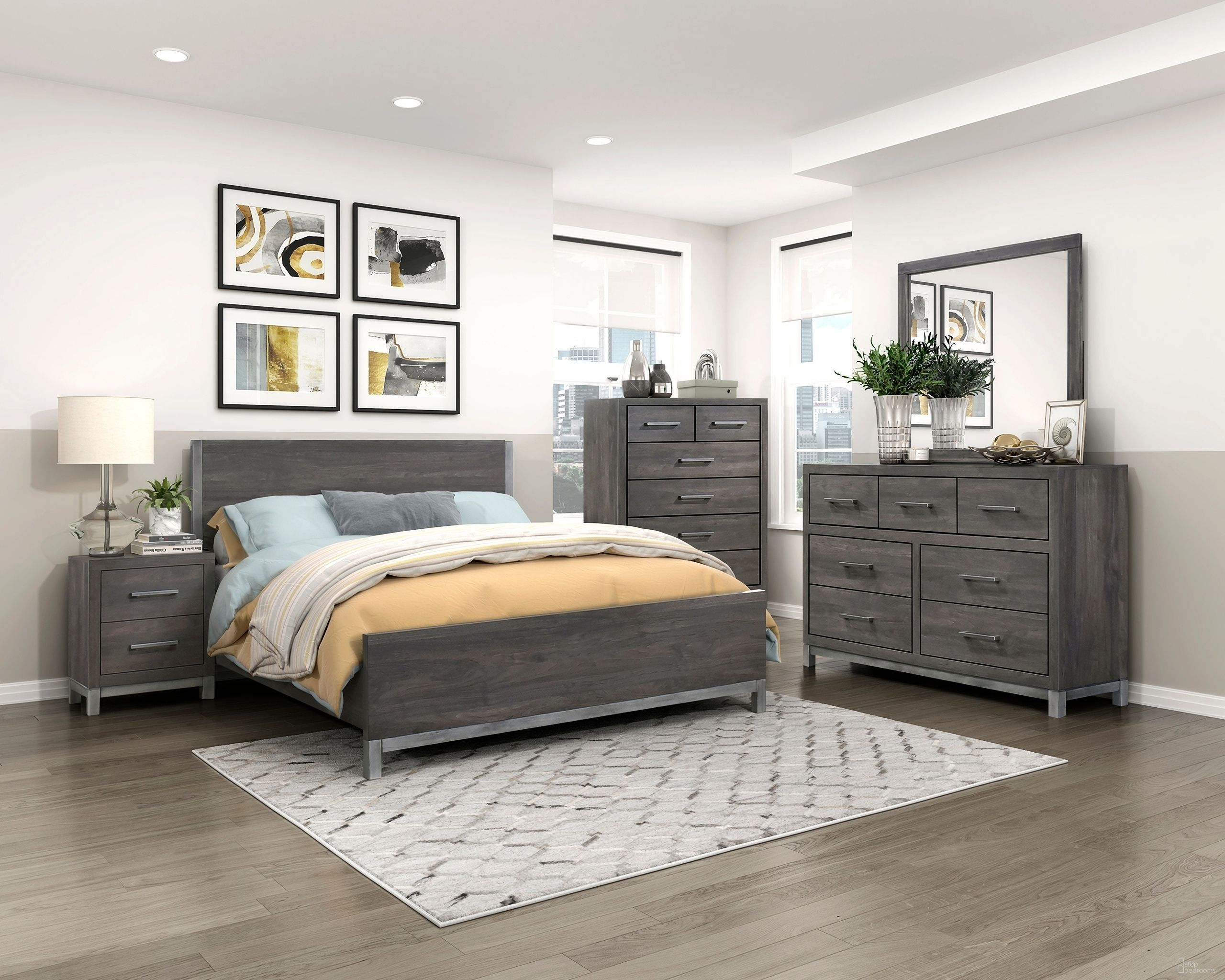The appearance of Zephyr Panel Bedroom Set In Gray designed by Homelegance in the modern / contemporary interior design. This gray piece of furniture  was selected by 1StopBedrooms from Zephyr Collection to add a touch of cosiness and style into your home. Sku: 1577DG-1;1577DG-3;1577DG-4. Material: Wood. Bed Size: Queen.
