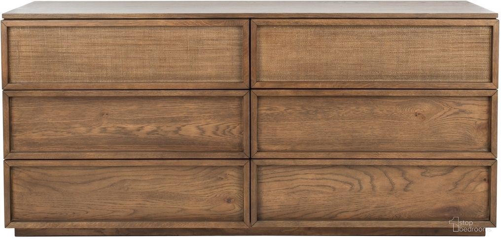 The appearance of Zeus 6 Drawer Wood Dresser In Medium Oak designed by Safavieh Couture in the modern / contemporary interior design. This medium oak piece of furniture  was selected by 1StopBedrooms from Zeus Collection to add a touch of cosiness and style into your home. Sku: SFV7204A. Material: Wood.