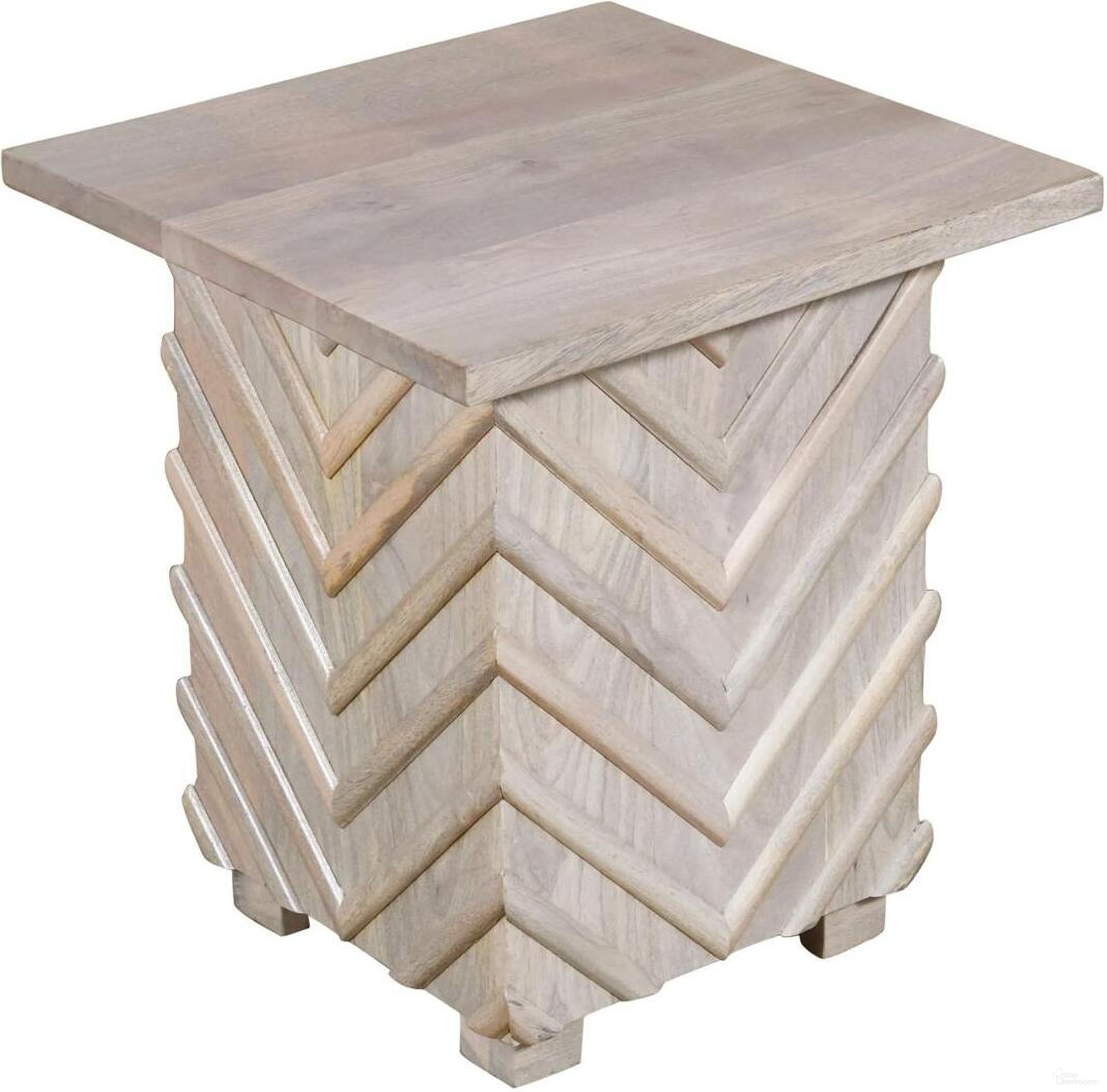 The appearance of Ziggy End Table On Hand-Planed Mango Wood In White Wash designed by Moti in the rustic / southwestern interior design. This white wash piece of furniture  was selected by 1StopBedrooms from Ziggy Collection to add a touch of cosiness and style into your home. Sku: 52224002. Material: Wood.