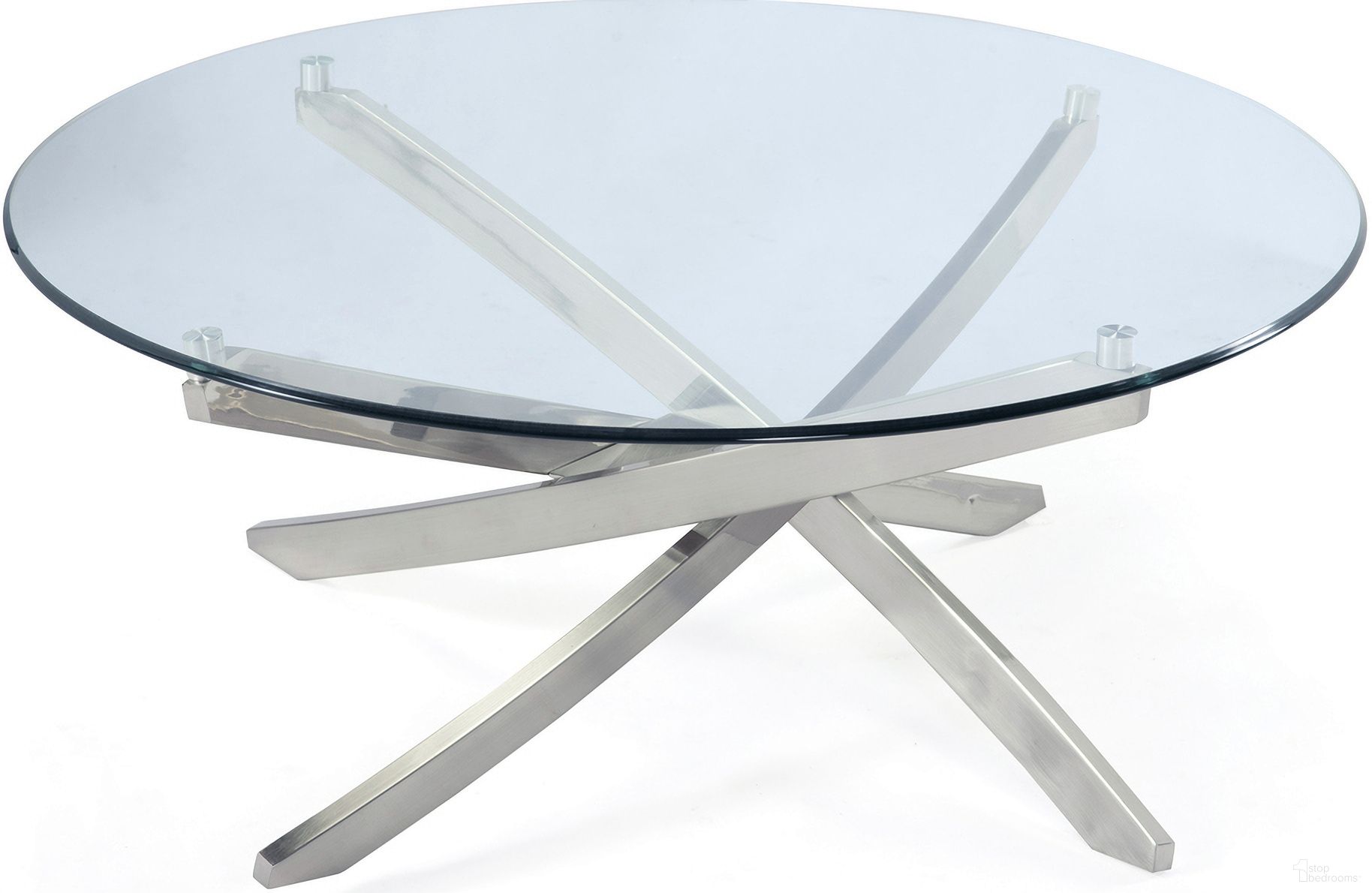 The appearance of Zila Round Cocktail Table In Brushed Nickel designed by Magnussen in the modern / contemporary interior design. This brushed nickel piece of furniture  was selected by 1StopBedrooms from Zila Collection to add a touch of cosiness and style into your home. Sku: T2050-45T;T2050-45B. Material: Metal.