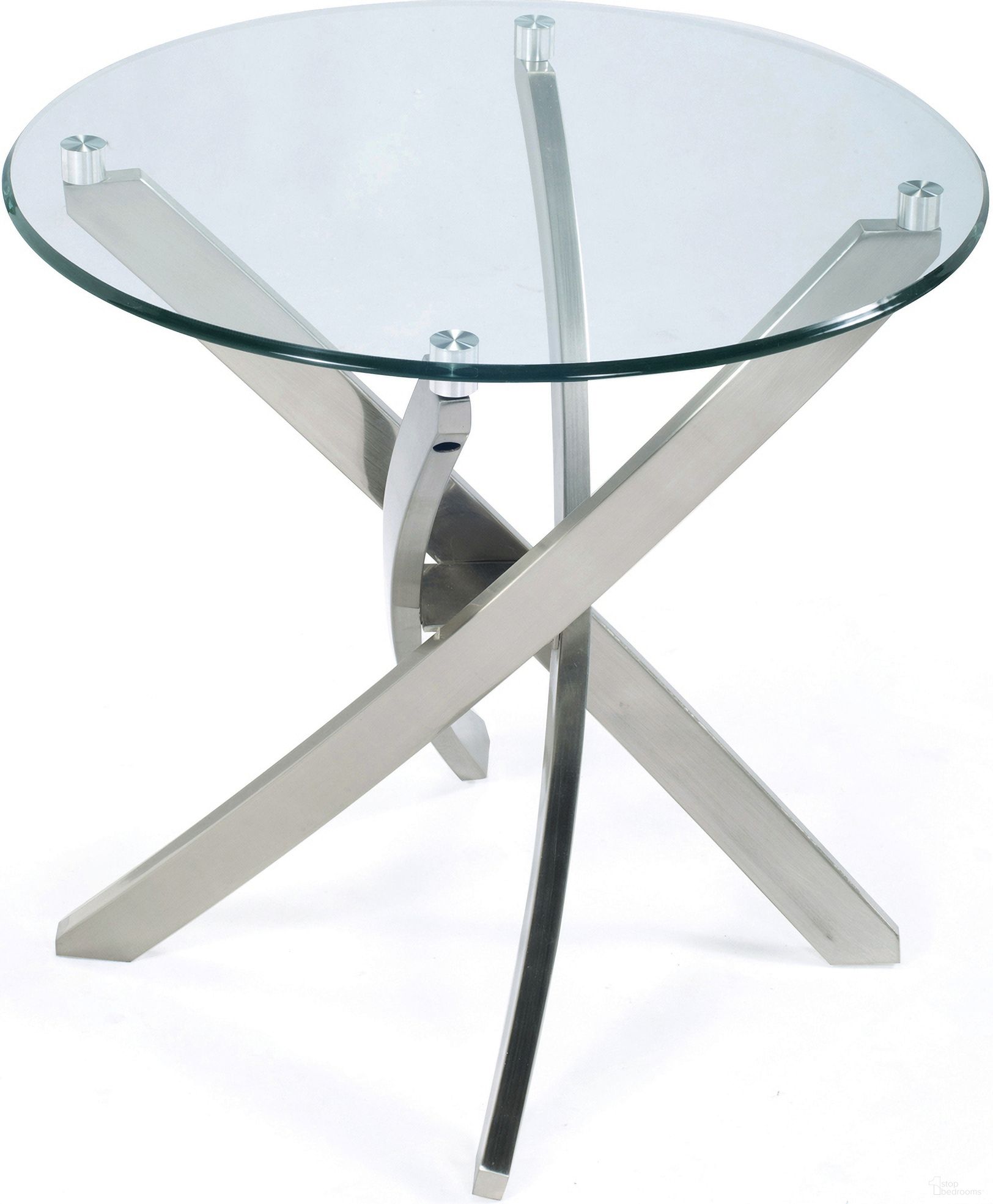 The appearance of Zila Round End Table In Brushed Nickel designed by Magnussen in the modern / contemporary interior design. This brushed nickel piece of furniture  was selected by 1StopBedrooms from Zila Collection to add a touch of cosiness and style into your home. Sku: T2050-05T;T2050-05B. Material: Metal.