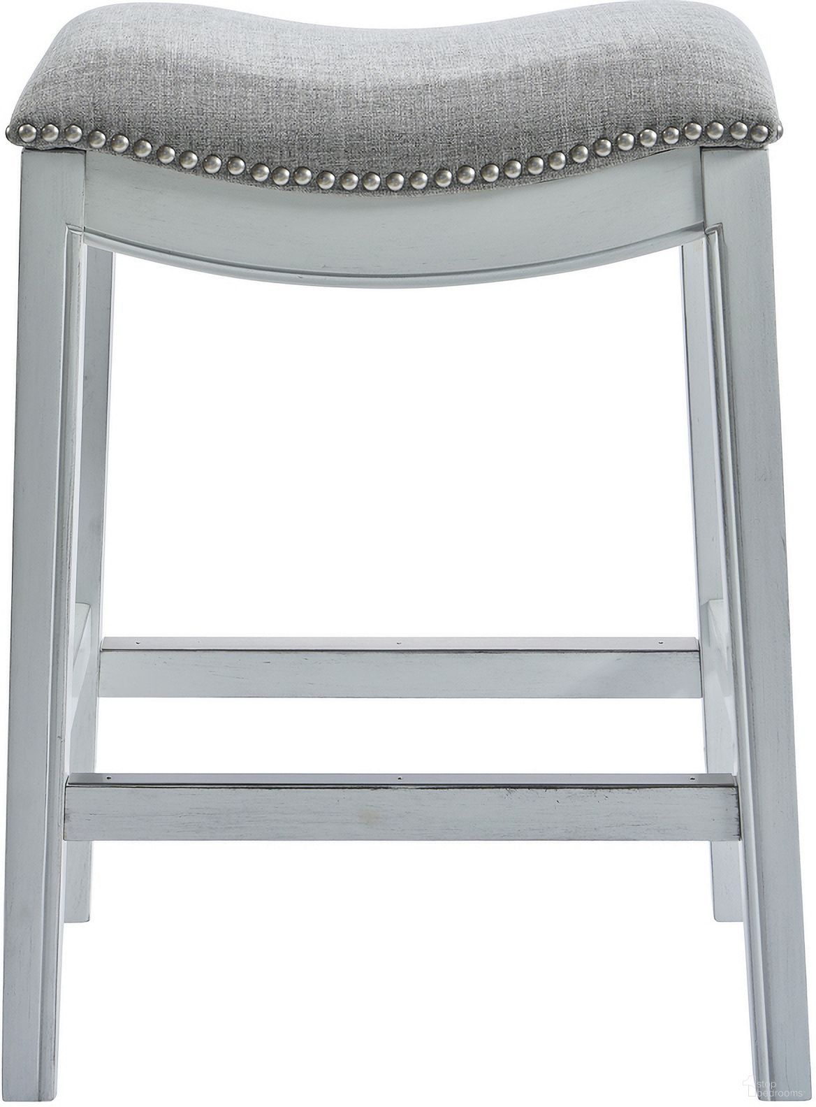 The appearance of Zoey 26 Inch Counter-Height Backless Wood Saddle-Seat Barstool with Nailhead Trim In White and Gray designed by New Ridge Home Goods in the country / farmhouse interior design. This white/gray piece of furniture was selected by 1StopBedrooms from Zoey Collection to add a touch of cosiness and style into your home. Sku: NR100134-FCS-AW. Material: Hardwood.