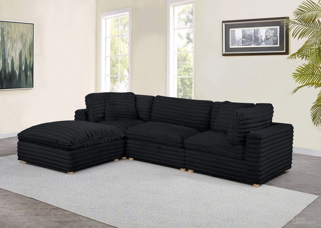 The appearance of Zoie 4 Piece Corduroy Velvet Modular Sectional in Black designed by Best Quality Furniture in the glam interior design. This black piece of furniture  was selected by 1StopBedrooms from Zoie Collection to add a touch of cosiness and style into your home. Sku: SE09-CC;SE09-AC;SE09-OT. Material: Corduroy.