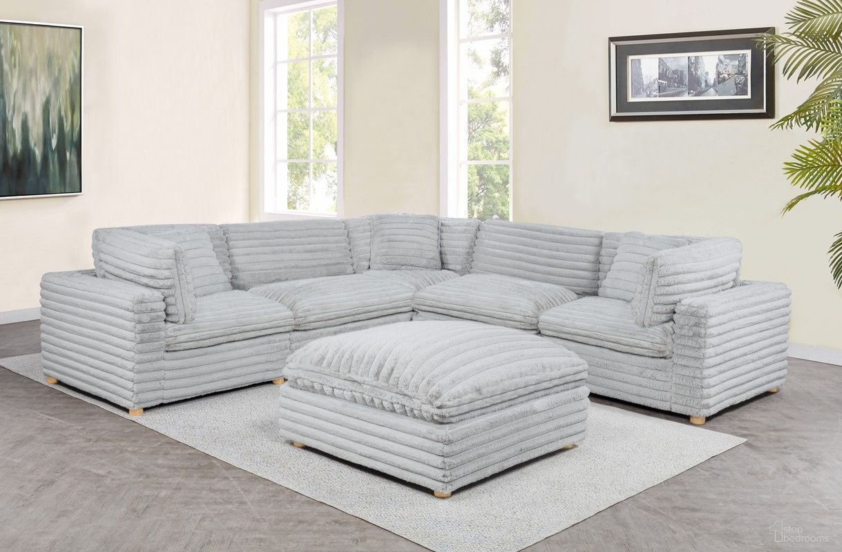 The appearance of Zoie 6 Piece Corduroy Velvet Modular Sectional in Light Gray designed by Best Quality Furniture in the glam interior design. This light gray piece of furniture was selected by 1StopBedrooms from Zoie Collection to add a touch of cosiness and style into your home. Sku: SE08-CC;SE08-AC;SE08-OT. Material: Corduroy.