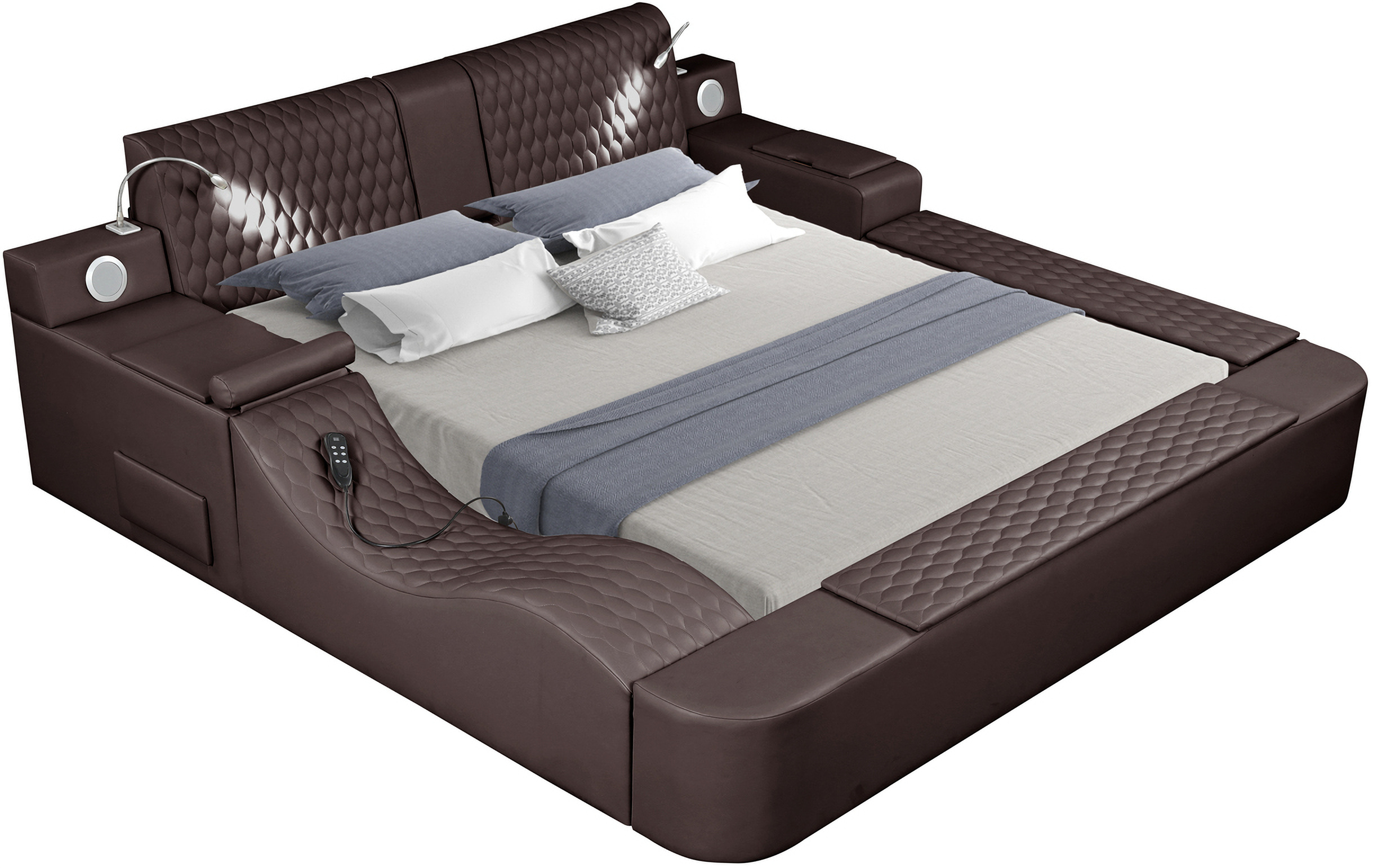 Zoya Multifunction King Bed with USB and Remote Controlled Massage In Brown