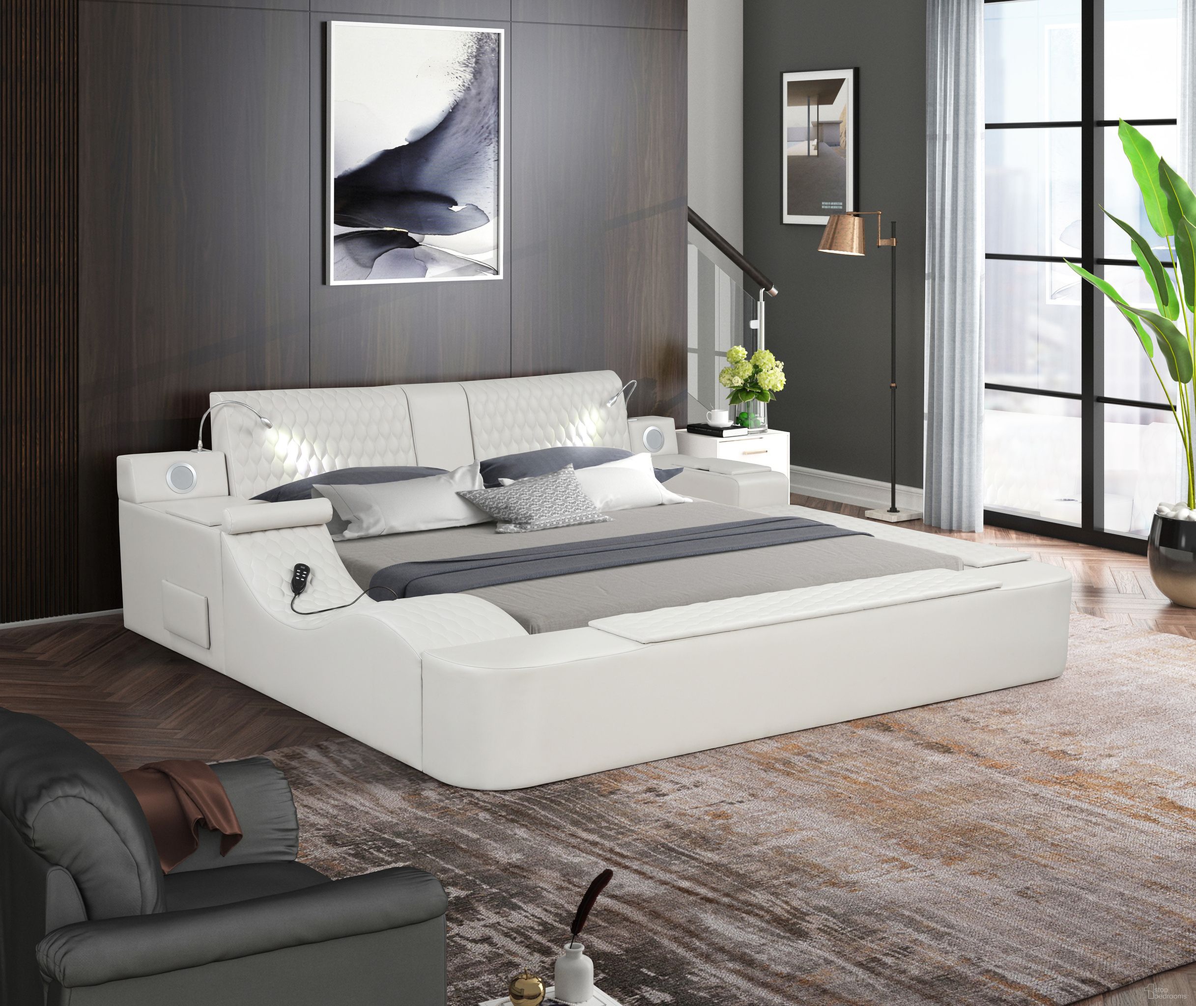 The appearance of Zoya Multifunction King Bed with USB and Remote Controlled Massage In Ice designed by Galaxy Home Furnishings in the modern / contemporary interior design. This ice piece of furniture  was selected by 1StopBedrooms from Zoya Collection to add a touch of cosiness and style into your home. Sku: 698781083925-1;698781083925-2;698781083925-3;698781083925-4. Material: Wood. Bed Size: King. Bed Type: Upholstered Bed.