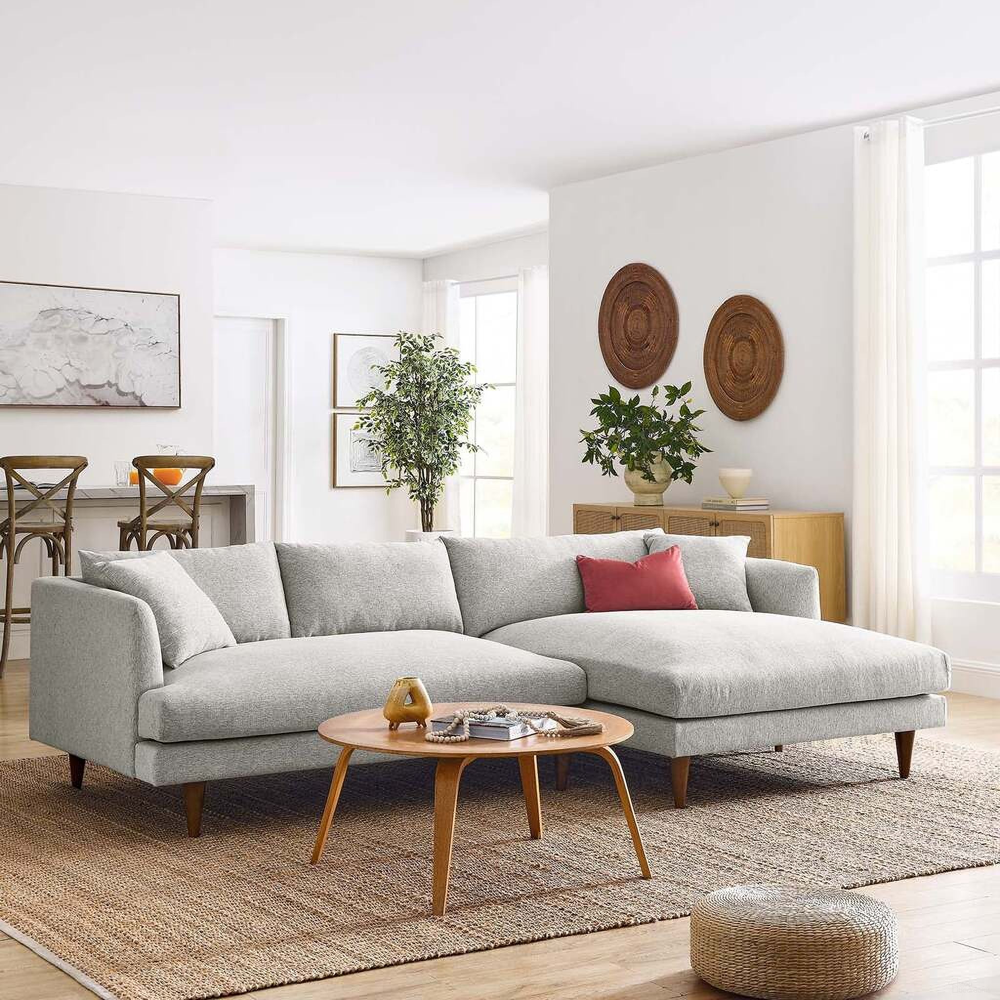 The appearance of Zoya RAF Down Filled Overstuffed Sectional Sofa In Light Gray designed by Modway in the modern / contemporary interior design. This light gray piece of furniture was selected by 1StopBedrooms from Zoya Collection to add a touch of cosiness and style into your home. Sku: EEI-6407-HLG-1;EEI-6407-HLG-2. Material: Polyester. Layout: L-Shape.