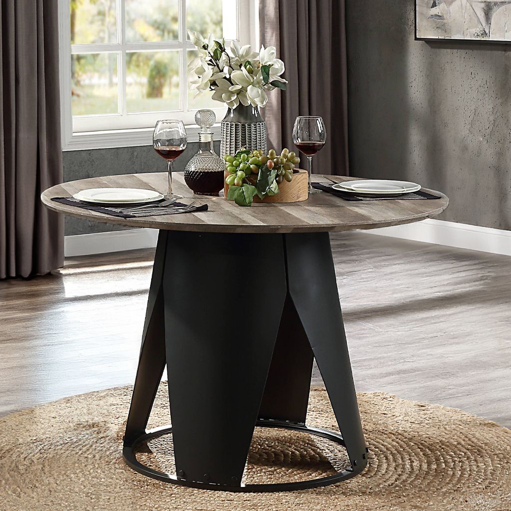 The appearance of Zudora Dining Table In Antique Oak and Black designed by ACME in the modern / contemporary interior design. This antique oak and antique black piece of furniture  was selected by 1StopBedrooms from Zudora Collection to add a touch of cosiness and style into your home. Sku: DN01948-1;DN01948-2. Table Base Style: Pedestal. Table Top Shape: Round. Material: Metal. Size: 47".