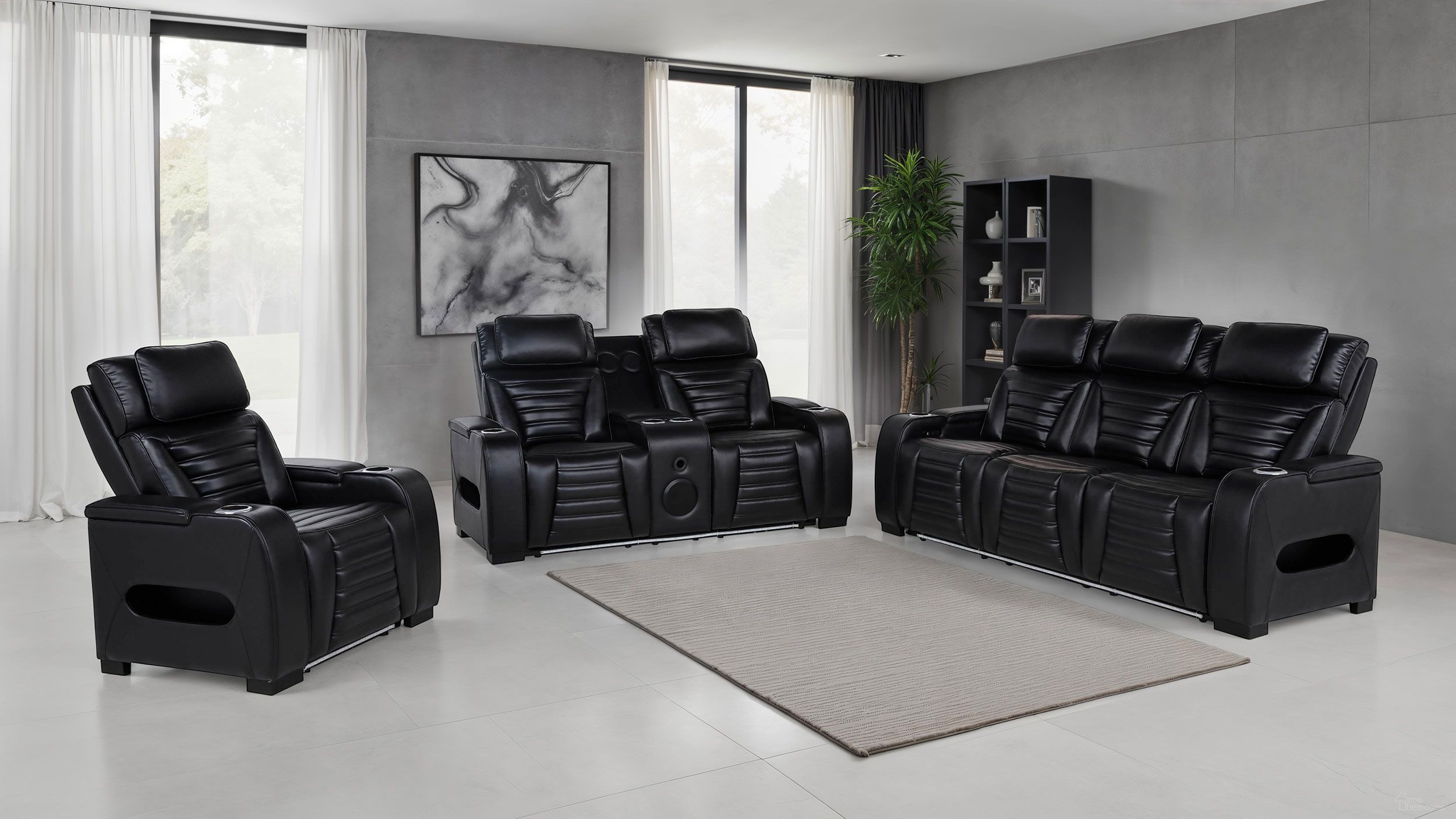The appearance of Zuma Faux Leather Dual Power Reclining LED Living Room Set In Black designed by Coaster in the modern / contemporary interior design. This black piece of furniture was selected by 1StopBedrooms from Zuma Collection to add a touch of cosiness and style into your home. Sku: 603251PP;603252PP. Material: Fabric.