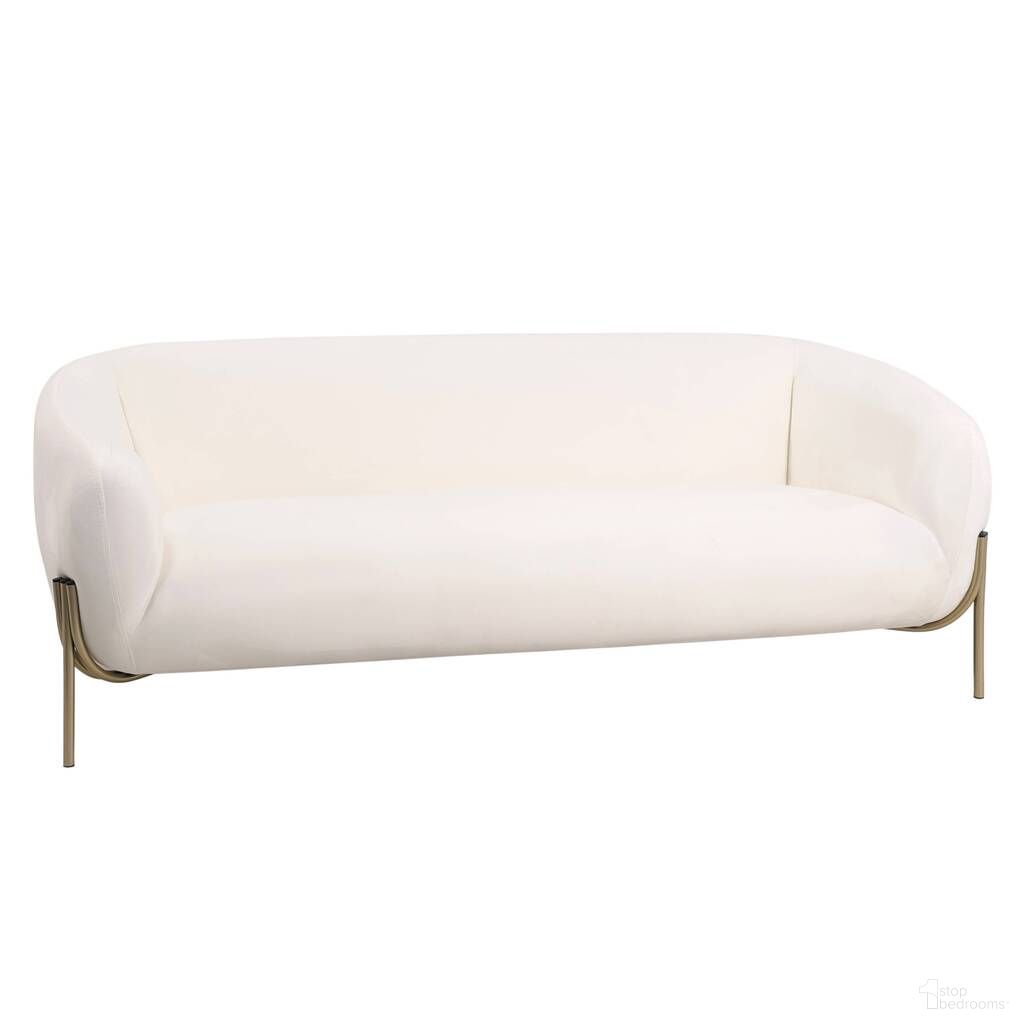 The appearance of Zuno Three-Seater Upholstered Sofa with Velvet Wide Couch and Powder-Coated Gold Iron Legs Padded Seat In White designed by LeisureMod in the modern / contemporary interior design. This white piece of furniture  was selected by 1StopBedrooms from Zuno Collection to add a touch of cosiness and style into your home. Sku: ZS78V-W. Material: Velvet.