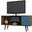 Liberty 53.14 Inch Mid-Century - Modern TV Stand With 5 Shelves And 1 Door In Rustic Brown And Aqua Blue With Solid Wood Legs
