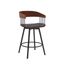 Athena 27 Inch Swivel Walnut Wood Counter Stool In Black Faux Leather with Black Metal