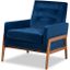 Baxton Studio Perris Mid-Century Modern Navy Blue Velvet Fabric Upholstered and Walnut Brown Finished Wood Lounge Chair