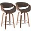 Curvini Mid-Century Modern Counter Stool In Walnut Wood And Charcoal Fabric - Set Of 2