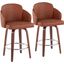 Dahlia Counter Stool Set of 2 in Walnut Wood and Camel Faux Leather with Round Chrome Footrest