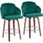 Dahlia Counter Stool Set of 2 in Walnut Wood and Green Velvet with Gold Metal Accent and Round Chrome Footrest