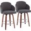 Dahlia Counter Stool Set of 2 in Walnut Wood and Grey Fabric with Round Chrome Footrest