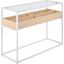 Display Console Table in White Metal, Natural Wood, and Clear Glass