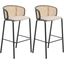 Ervilla Wicker Bar Stool Set of 2 with Fabric Seat and Black Steel Frame In Beige