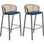 Ervilla Wicker Bar Stool Set of 2 with Fabric Seat and Black Steel Frame In Navy Blue