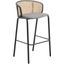 Ervilla Wicker Bar Stool with Fabric Seat and Black Steel Frame In Grey