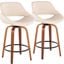 Fabrico Fixed-Height Counter Stool Set of 2 in Walnut Wood with Round Black Footrest and Cream Faux Leather