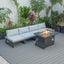 LeisureMod Chelsea 5-Piece Middle Patio Chairs and Fire Pit Table Set Black Aluminum With Cushions In Light Grey
