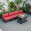 LeisureMod Chelsea 5-Piece Middle Patio Chairs and Fire Pit Table Set Black Aluminum With Cushions In Red
