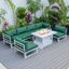 LeisureMod Chelsea 7-Piece Patio Sectional And Fire Pit Table Weathered Grey Aluminum With Cushions In Green