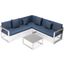 Leisuremod Chelsea White Sectional With Adjustable Headrest And Coffee Table With Cushions In Blue
