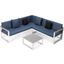 Leisuremod Chelsea White Sectional With Adjustable Headrest And Coffee Table With Two Tone Cushions In Blue
