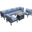 Leisuremod Hamilton 7-Piece Aluminum Patio Conversation Set With Fire Pit Table And Cushions In Blue