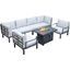 Leisuremod Hamilton 7-Piece Aluminum Patio Conversation Set With Fire Pit Table And Cushions In Light Grey