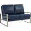 Leisuremod Jefferson Contemporary Modern Faux Leather Loveseat With Silver Frame In Navy Blue
