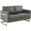 LeisureMod Lincoln Grey Modern Mid-Century Upholstered Leather Loveseat with Gold Frame