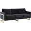 LeisureMod Lincoln Modern Mid-Century Upholstered Black Velvet Sofa with Gold Frame