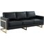 LeisureMod Lincoln Modern Mid-Century Upholstered Leather Black Sofa with Gold Frame