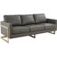 LeisureMod Lincoln Modern Mid-Century Upholstered Leather Grey Sofa with Gold Frame