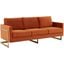 LeisureMod Lincoln Modern Mid-Century Upholstered Orange Velvet Sofa with Gold Frame