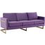 LeisureMod Lincoln Modern Mid-Century Upholstered Purple Velvet Sofa with Gold Frame